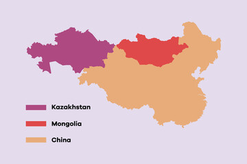 Map of Kazakhstan, Mongolia and China. World map concept. Colored flat vector illustration isolated.