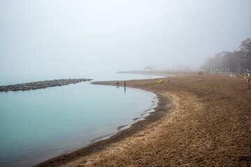 dog walker and four legged friend on a fog bound beach in the morning shot kew beach toronto room...