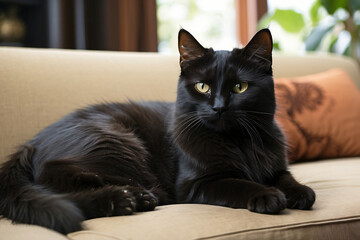 black cat sitting on the sofa