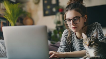 Naklejka na ściany i meble Young freelancer woman in eyeglasses works at home with a laptop and a cat, Remote work, Shopping, Education, Working from home concept.