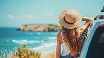Fototapeta premium Young woman traveler in a hat standing near her car during summer holiday on the sea.