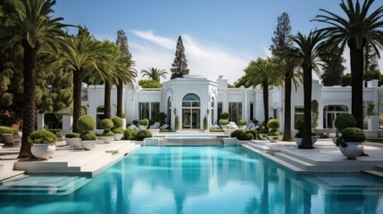 Fototapeta na wymiar white mansion with palmtrees, luxury garden, summer day