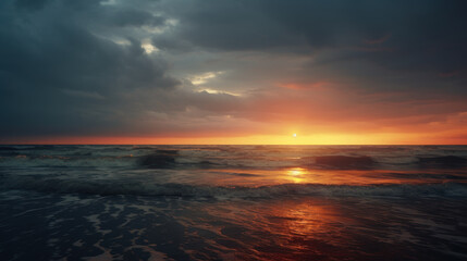 Naklejka na ściany i meble Dramatic view of sunset beach abstract background. Generative ai.