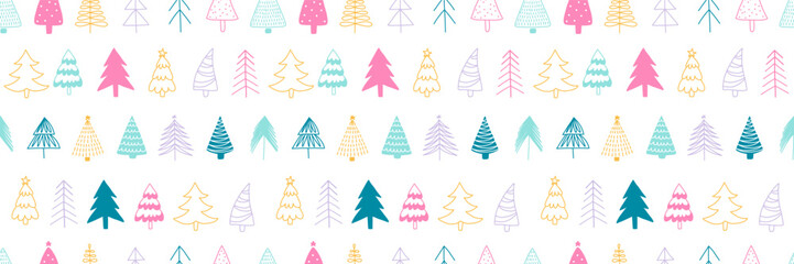 Christmas tree pattern background. Christmas illustration hand drawn packing paper design, winter holiday decoration, modern bright colors, hand drawn vector illustration