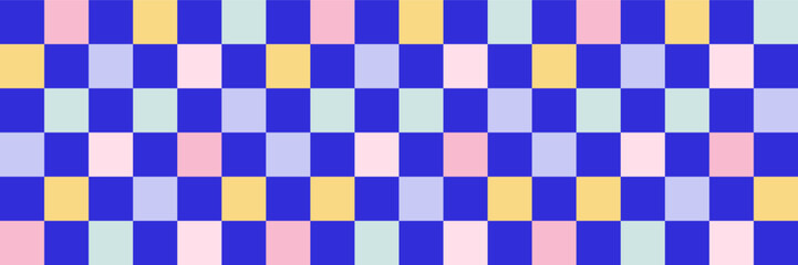 Groovy checkered seamless pattern, vintage aesthetic background, psychedelic checkerboard texture. Funky hippie fashion textile print, retro background with distorted grid tile vector pattern