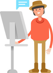 Farmer Character Working on Computer
