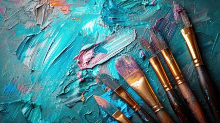 Paint brushes on creative oil abstract paint background.