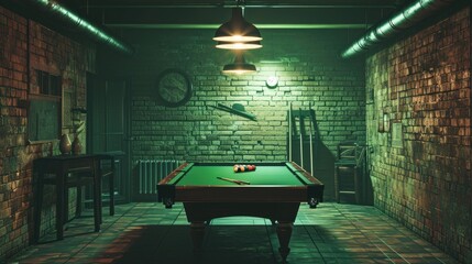 Pool table in a dark basement