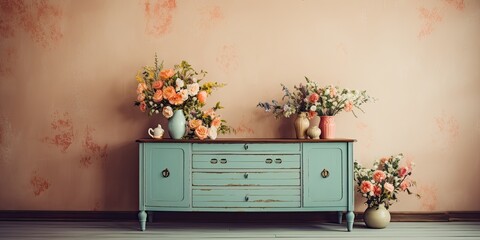 Retro vintage furniture interior with soft colors, wooden furniture, and artificial flowers