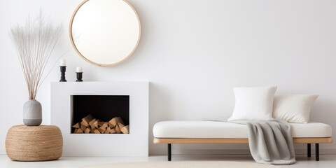 Minimalistic Scandinavian interior featuring white walls, a white long lamp, a white low round ottoman, a decorative fireplace with candles, a round mirror. Photo background with text space, layered.