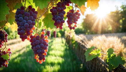 Autumn Harvest: Vibrant grapevines laden with ripe grapes in a scenic vineyard capture the essence of a bountiful autumn harvest - obrazy, fototapety, plakaty