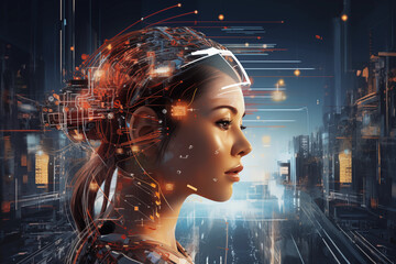 Portrait of a woman with a digital helmet showing connectivity 