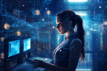 Portrait of a woman using a computer and the technology merging with her