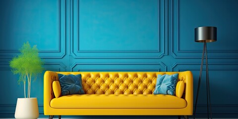 Contemporary yellow room with vintage blue couch and artistic interior design.