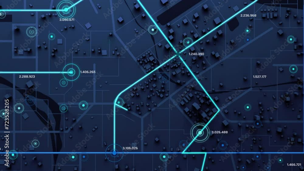 Poster 3d rendering top view city map with navigator line and destination gps technology transportation, fu