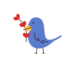 Cute blue bird with hearts branch. Valentines Day concepts. Flat vector illustration. Good for stickers, cards design, tags, clipart.