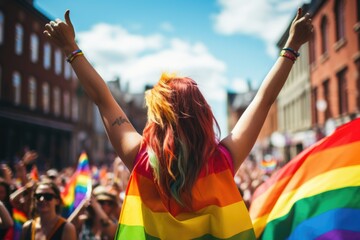 Woman with lgbti flag around her neck, gay pride day