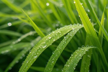 Raindrops on green rice plants