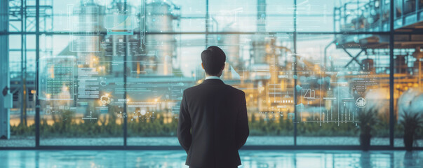 Contemplating Corporate Growth: Industrial Landscape.
A forward-thinking businessman contemplates corporate growth while looking out at an industrial landscape through a glass facade.