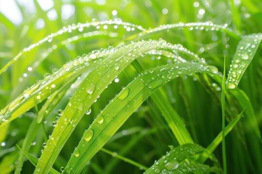 Raindrops on green rice plants