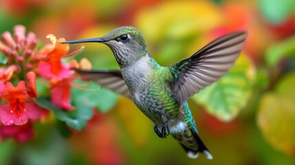 Hummingbirds hover around blooming flowers in a green forest in Costa Rica. natural habitat, beautiful hummingbird sucking nectar, colorful background Wildlife in tropical nature