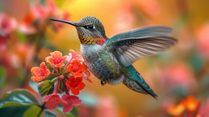 Hummingbirds hover around blooming flowers in a green forest in Costa Rica. natural habitat, beautiful hummingbird sucking nectar, colorful background Wildlife in tropical nature