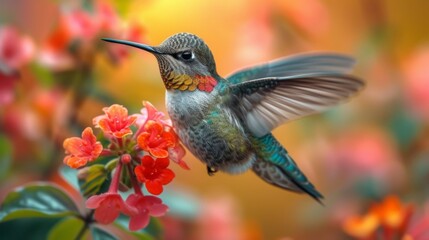Obraz premium Hummingbirds hover around blooming flowers in a green forest in Costa Rica. natural habitat, beautiful hummingbird sucking nectar, colorful background Wildlife in tropical nature