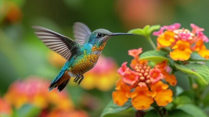 Fototapeta premium Hummingbirds hover around blooming flowers in a green forest in Costa Rica. natural habitat, beautiful hummingbird sucking nectar, colorful background Wildlife in tropical nature