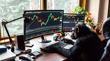 monkey business - chimp, monkey, stock, market, traders, trading, finance, investment, analysis, financial, professionals, broker - obrazy, fototapety, plakaty