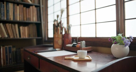 Paper, Japanese study and art document with a desk for creativity for ancient culture and activity....