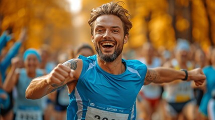 Athletes in their youth crossing the finish line of a city marathon in daylight. Adaptable Winning Runner Rejoicing
