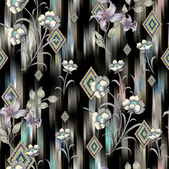 tropical abstract Floral Pattern With abstract multi lines on black background