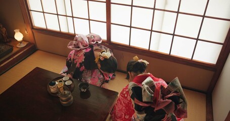 Tea ceremony, Japanese women and bow with hospitality and respect for ancient culture and ritual....
