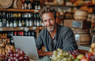proprietor of a booze shop seated in front of an open laptop - obrazy, fototapety, plakaty