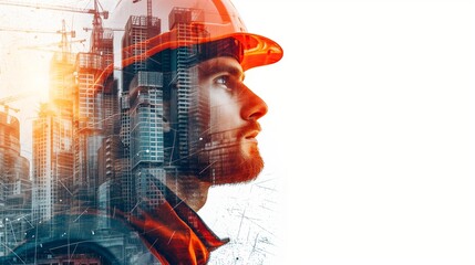 Double exposure image of professional engineer in protective helmet