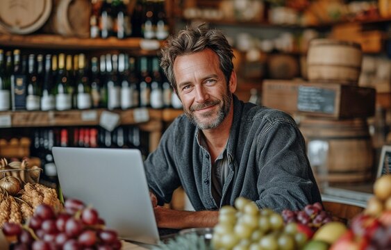 proprietor of a booze shop seated in front of an open laptop