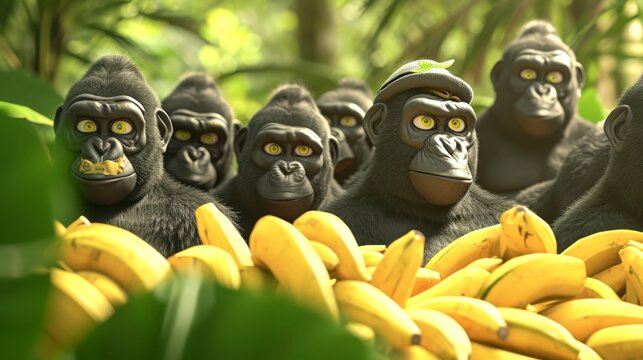 Cartoon scene of a group of monkeys wearing gorilla masks attempting to blend in with the real gorillas guarding a pile of bananas.