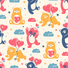 Light seamless pattern with teddy bears and bright heart shaped balloons. Funny doodle print. Hand drawn animal kids backdrop, nursery fabric, tile baby shower decoration, baby bedroom wallpaper.