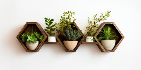 Isolated background with plants on wooden hexagon shelf for mock-up.