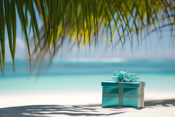 Present wrapped in a luxurious turquoise paper with a beautiful ribbon, left on a pristine tropical...