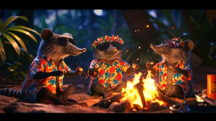 Cartoon scene Three anteaters dressed in Hawaiian shirts and sungles roasting ants over a campfire as they sing songs and tell stories at their ant picnic.