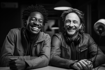 Obraz premium Two men laughing and looking at camera