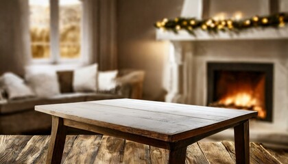 fireplace with christmas decorations, cosy home interior background Table top with blurred fireplace, Ai Generate 