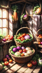 Easter-themed still life featuring a basket filled with a vibrant assortment of fresh vegetables, including , peppers, tomatoes, onions, and pumpkins – a healthy and colorful represent