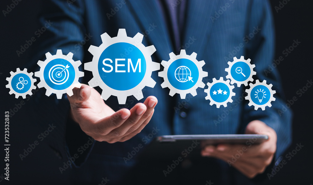 Poster sem or search engine marketing concept. businessman touching virtual screen of sem icon for search e
