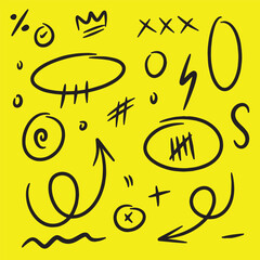 Simple doodle shapes and line on yellow background