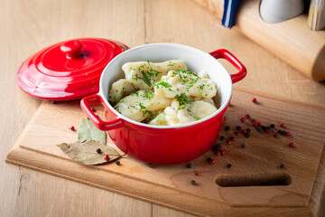 Homemade dumplings with meat plate, lunch, cafe restaurant