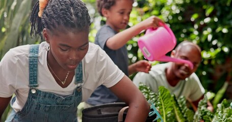 Gardening, growth and green with black family in spring together for leisure, hobby or bonding outdoor. Mother, father and children in garden of home for landscaping or planting fresh flowers - Powered by Adobe
