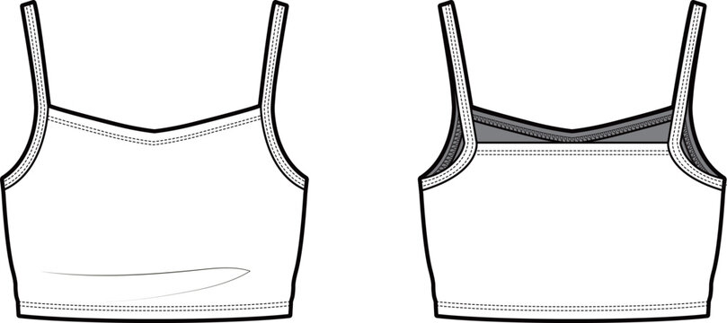 Technical flat sketch of Girl's Crop Sleeveless top. Shoulder strap V-neck tank top. Vector mock up Template. 
