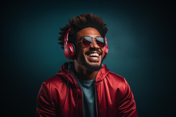 smiling black guy with red headphone and wearing a red jacket in the studio